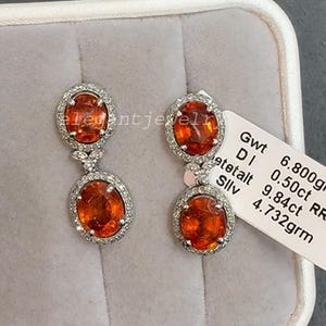 Natural Spessartite Garnet & Diamond Earrings, 925 Sterling Silver, Classic Elegant Earrings, Orange Garnet Statement Jewelry Gift For Women