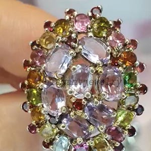 Multi Gemstone Ring, Natural Amethyst Chrome Diopside Tourmaline Topaz Rhodolite, 925 Sterling Silver, Elegant Statement Ring Gift For Her