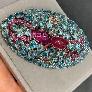 Beautiful Hair Clip With Ruby And Topaz, Artisan Crafted Gemstone Barrette, 925 Sterling Silver, Unique Bridal Party Accessory, Gift For Her