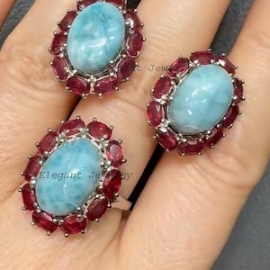 Natural Larimar & Ruby Jewelry Set, 925 Sterling Silver, Matching Ring And Earrings Set, Perfect Anniversary Gift For Her