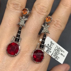 Ruby, Sapphire & Diamond Dangle Earrings, Handcrafted 925 Sterling Silver, Black Rhodium Plated With Gold Post, Fine Jewelry, Gift For Women