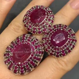 Natural Pink Ruby Ring & Earring Set, 925 Sterling Silver Rhodium Plated Jewelry, Handmade Fine Gemstone Jewelry Set, Luxury Gift For Women