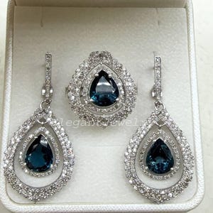 Luxurious London Blue Topaz & Diamond Jewelry Set, Ring And Earrings, Handmade 925 Sterling Silver, Statement Gemstone Jewelry, Gift For Her