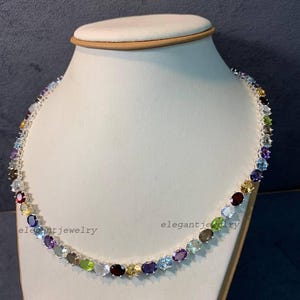 Elegant Multi Gemstone Necklace, 925 Sterling Silver Rhodium Plated Jewelry, Handcrafted Multicolor Statement Necklace, Luxury Gift For Her