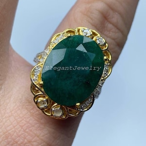Natural Emerald & Diamond Ring, Gold Plated 925 Silver, Statement Gemstone Jewelry, Elegant Anniversary Gift For Her