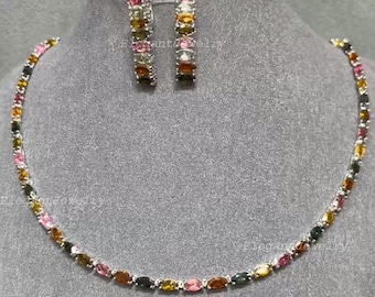 Set di collana e orecchini in tormalina naturale, argento sterling 925 rodiato, gioielli con pietre preziose multicolori, regalo nuziale fatto a mano