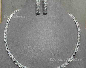 Natural Aquamarine Necklace & Earrings Set, Luxurious Gemstone Jewelry, 925 Sterling Silver Rhodium Plated, Engagement Jewelry, Gift For Her