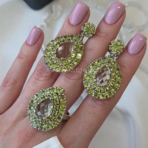 Natural Pear Cut Prasiolite & Peridot Jewelry Set, Handmade 925 Sterling Silver Ring And Earrings, Statement Fine Jewelry, Gift For Her