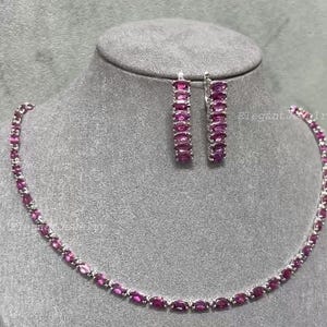 Halsband och örhängen i naturlig rhodolitgranat, lyxiga ädelstenssmycken i 925 sterlingsilver med rodiumplätering, festsmycken, present till henne bild 3