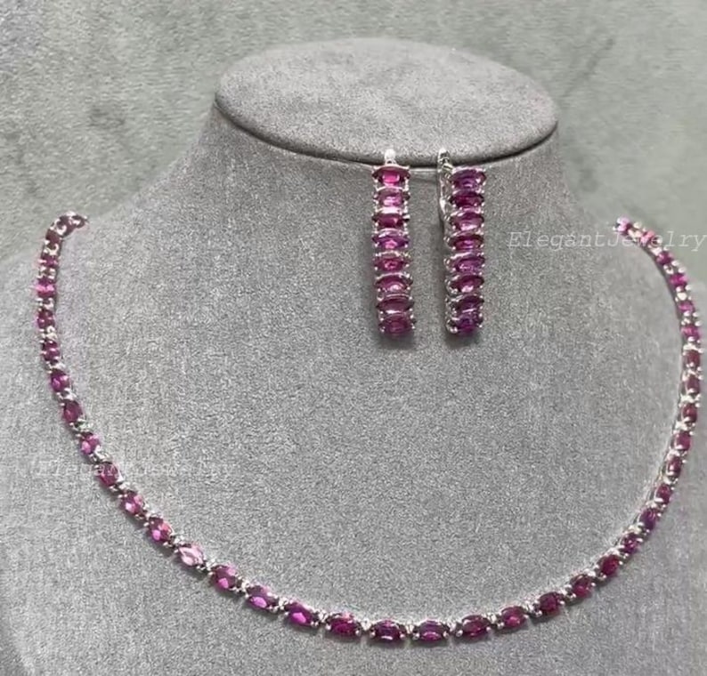 Halsband och örhängen i naturlig rhodolitgranat, lyxiga ädelstenssmycken i 925 sterlingsilver med rodiumplätering, festsmycken, present till henne bild 3