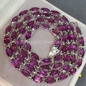 Halsband och örhängen i naturlig rhodolitgranat, lyxiga ädelstenssmycken i 925 sterlingsilver med rodiumplätering, festsmycken, present till henne bild 2