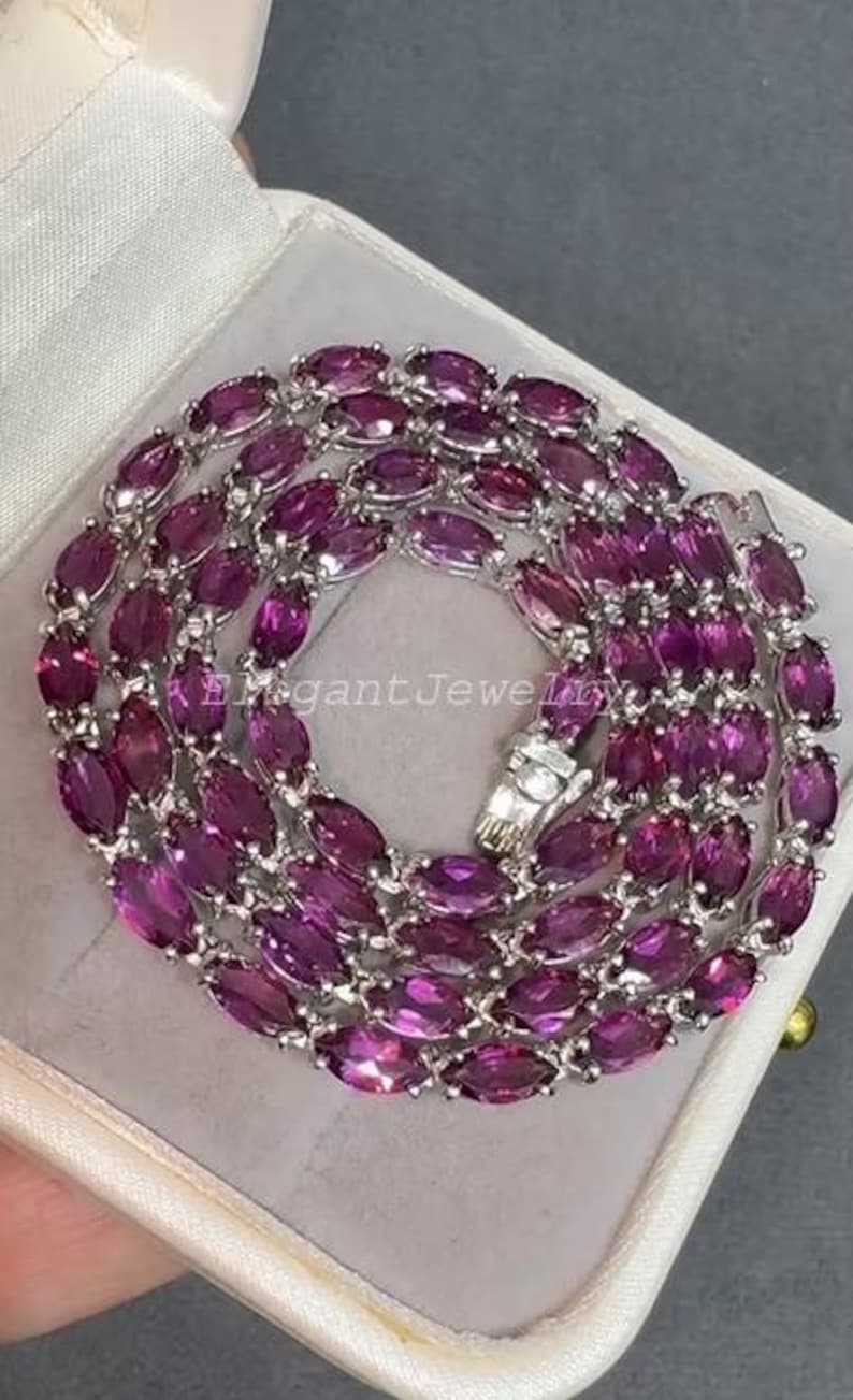 Halsband och örhängen i naturlig rhodolitgranat, lyxiga ädelstenssmycken i 925 sterlingsilver med rodiumplätering, festsmycken, present till henne bild 2