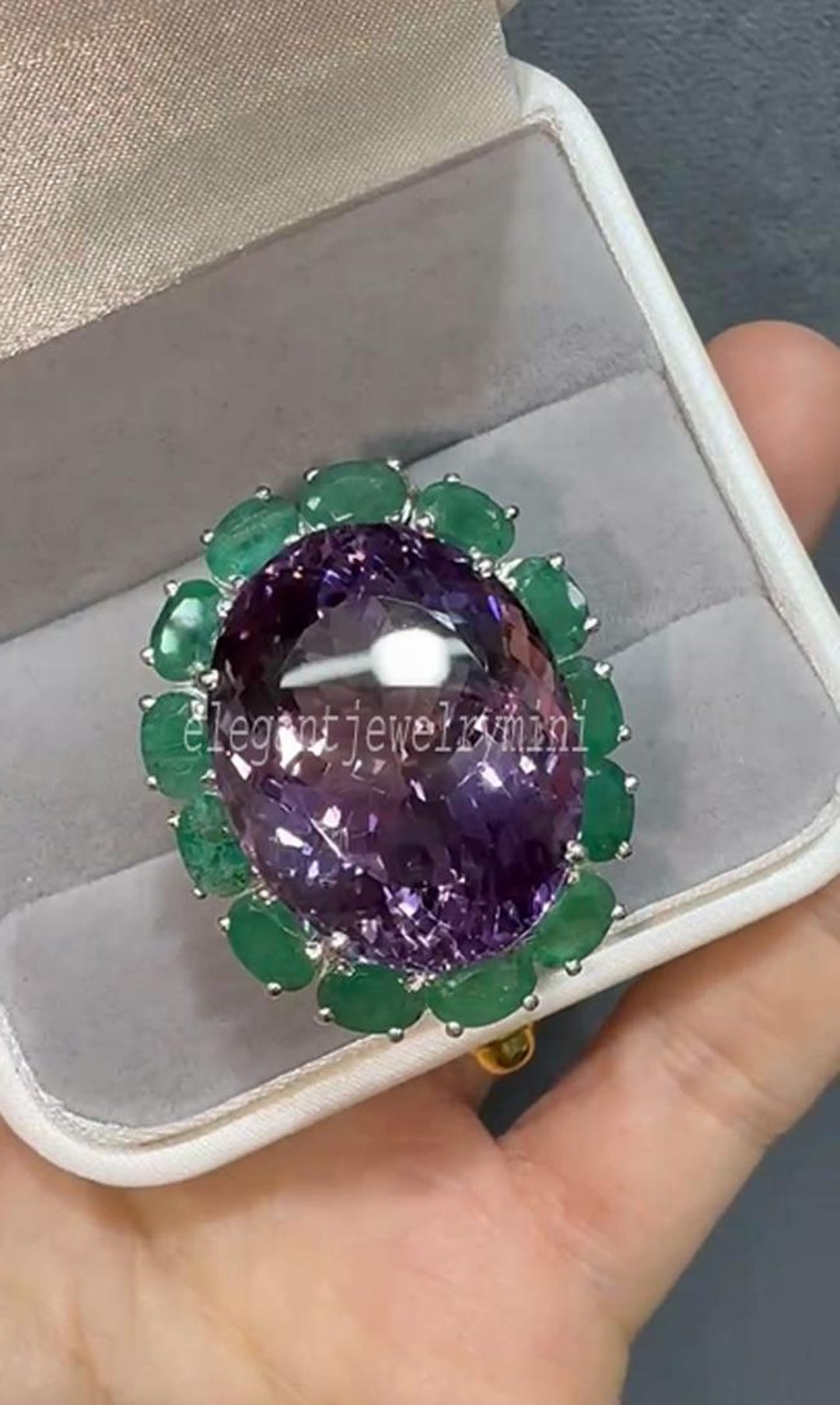 Amethyst & Emerald Statement Ring, Handcrafted Fine 925 Sterling Silver ...