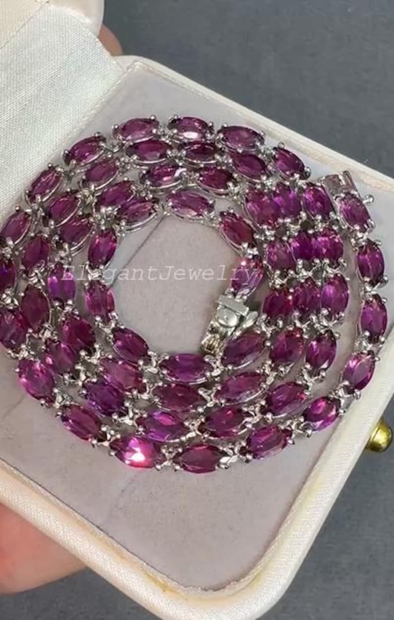 Halsband och örhängen i naturlig rhodolitgranat, lyxiga ädelstenssmycken i 925 sterlingsilver med rodiumplätering, festsmycken, present till henne bild 5
