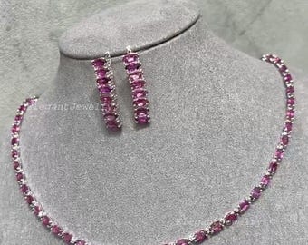 Set di collana e orecchini in granato rodolite naturale, gioielli di lusso con pietre preziose in argento sterling 925 placcato rodio, regalo per lei per feste