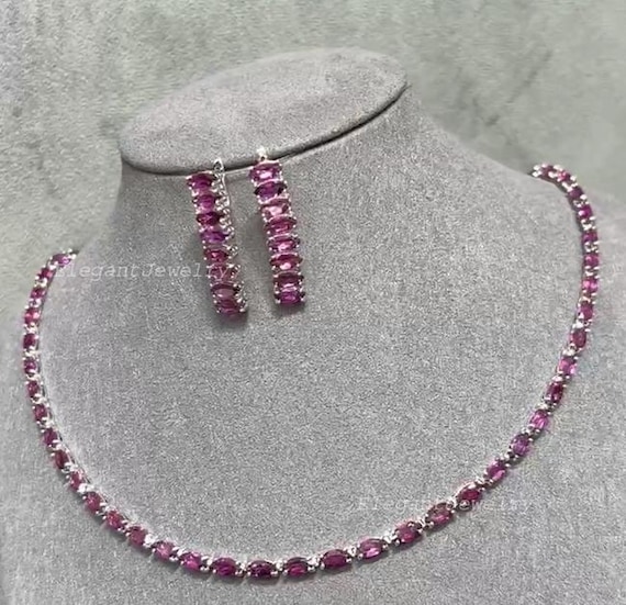 Natural Rhodolite Garnet Necklace & Earrings Set, Luxury Gemstone Jewelry 925 Sterling Silver Rhodium Plated, Partywear Jewelry Gift For Her