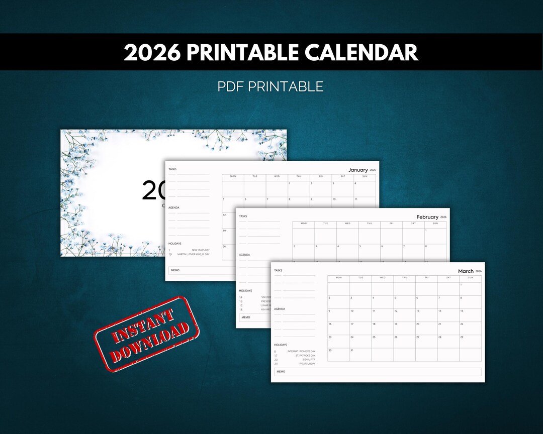 2026 Horizontal Printable Calendar | Landscape Wall Calendar | PDF ...