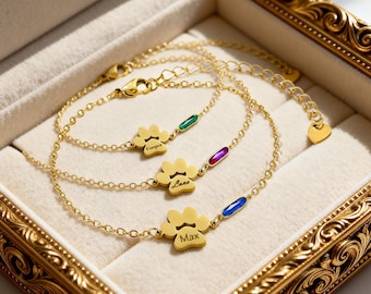 Personalized Dog Cat Name Forget Me Not Paw Bracelet, Custom Birthstone Pet Loss Sympathy Jewelry Gift, Pet Loss Memorial Gift for Pet Mom