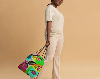 Mochila surrealista psicodélica con cordón ajustable, bolsa abstracta de neón psicodélico - Bolsa con cordón ajustable EyeCatch