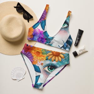 Surrealist Eye Bikini, Trippy High Waisted Two Piece Swimsuit, Psychedelic Floral Swimwear - Eye of Paradise