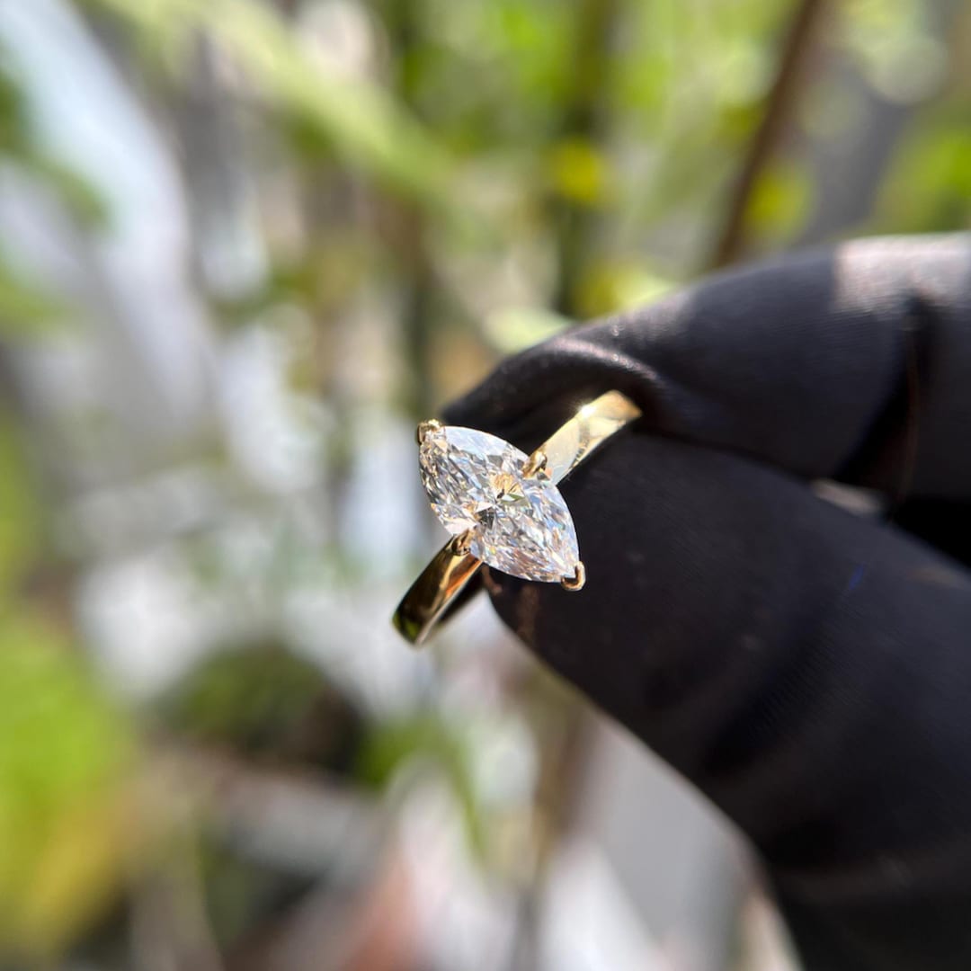Marquise Diamond Engagement Ring – 14K Gold Solitaire Ring – Minimalist ...