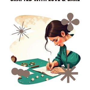 May include: Illustration of a woman writing at a desk with jewelry designs. The image includes text that reads "CUSTOM JEWELRY CRAFTED WITH LOVE & CARE" and "ELEVATE YOUR STYLE WITH ELEGANCE". Rings and earrings are visible on the desk.