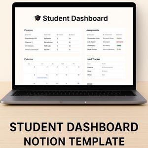 Puede incluir: Un ordenador portátil que muestra una plantilla de panel de control para estudiantes. La pantalla muestra un calendario, una lista de cursos, un rastreador de tareas y un rastreador de hábitos. El texto "Student Dashboard" y "Notion Template" se muestran.
