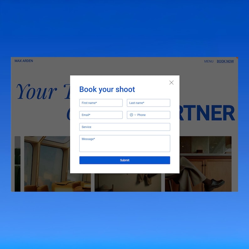 May include: A website interface with a blue background. A white pop-up form reads "Book your shoot" and includes fields for first name, last name, email, service, and message. A blue "Submit" button is at the bottom.