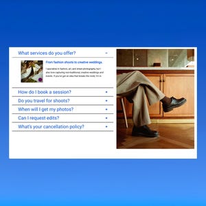 May include: A webpage with a blue background and white text boxes. The text boxes contain questions about photography services, including booking sessions and travel. A photo shows a person's legs and feet in black shoes.