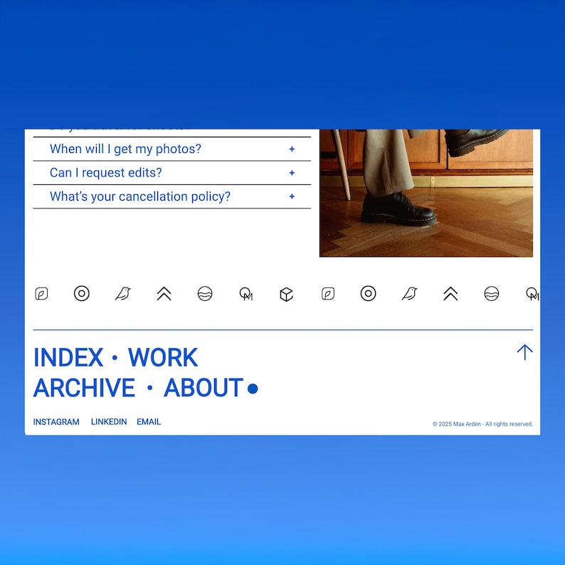 May include: A website interface with a blue background. The interface includes a menu with questions, a section with icons, and a navigation bar with the words "INDEX", "WORK", "ARCHIVE", and "ABOUT". The bottom of the interface includes social media links.