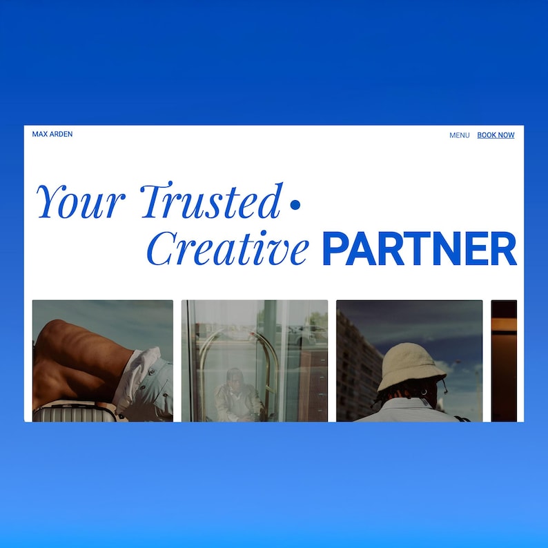 May include: A website design with a blue background and white header. The text reads "Your Trusted Creative Partner" in a stylized blue font. Below the text are three small images. The header includes the text "Max Arden", "Menu", and "Book Now".