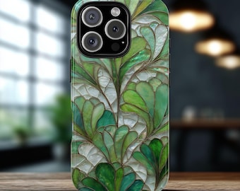Green Stained Glass Phone Case: Iridescent Botanical Art Nouveau