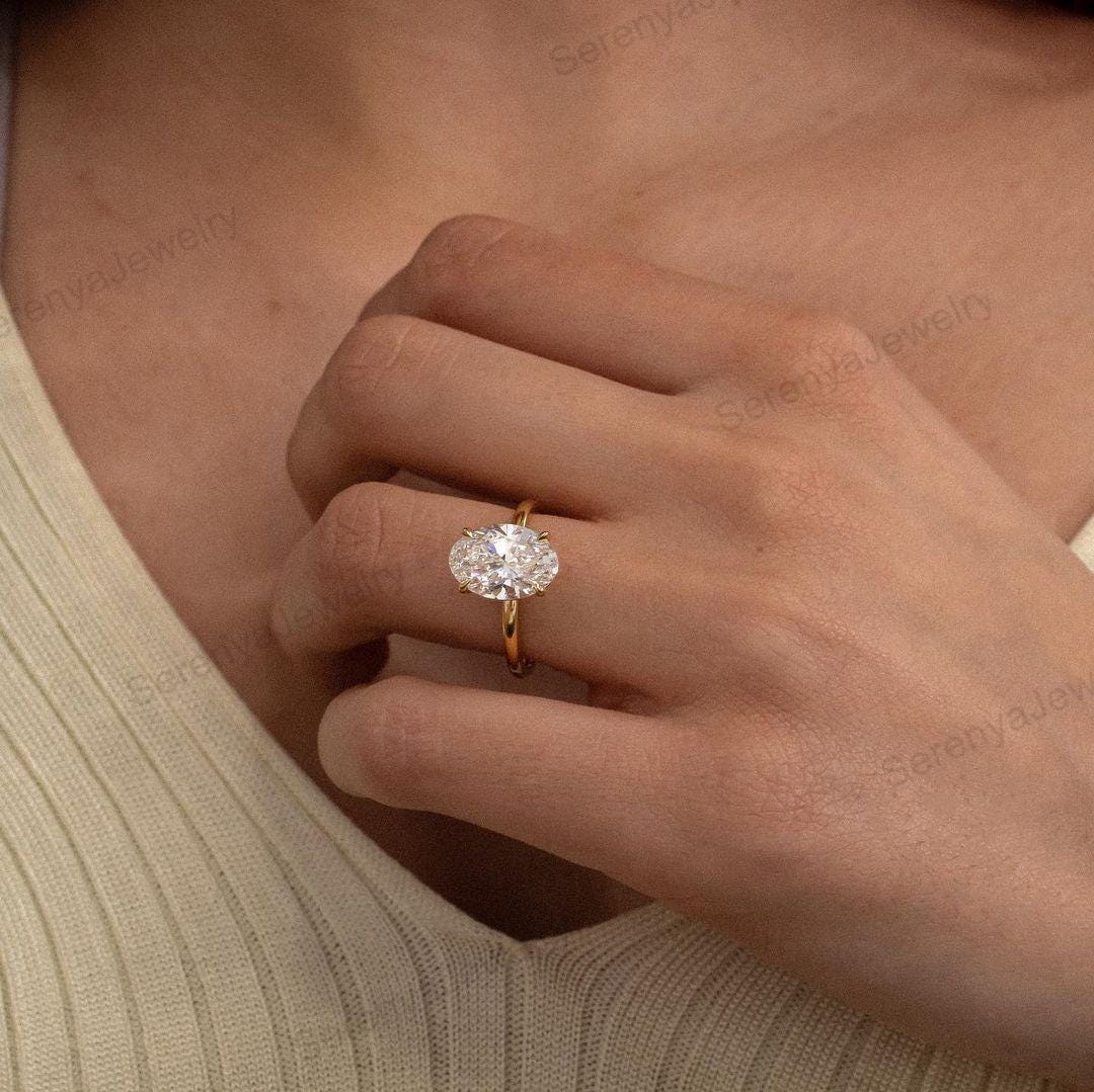 Oval Moissanite Solitaire Ring, Solid Gold or Silver, Wedding Ring - Etsy