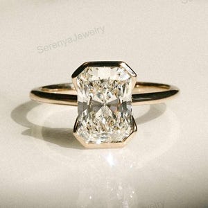 Radiant Cut Moissanite Engagement Ring, 14K Gold Half Bezel Solitaire