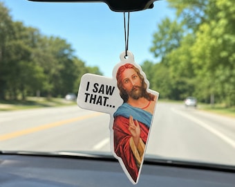 Ambientador para coche con la frase "Vi ese gracioso adorno para coche" / Amuleto de madera perfumado de larga duración / Regalo cristiano original
