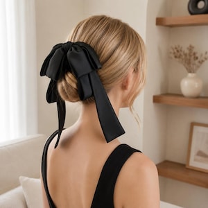 Satin Bow Hair Claw Clip with Long Ribbon Tails, Elegant French Hair Accessory, Neutral Beige or Black, Bridal Ponytail Gift for Women Girls