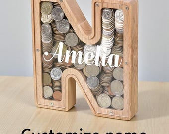 Personalized Wooden Letter Piggy Bank, Custom Name Money Box, Kids Nursery Decor, Alphabet Coin Bank, Christmas Birthday Gift for Boys Girls