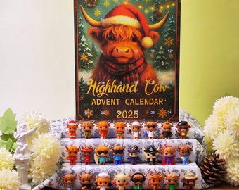 May include: A Highland Cow Advent Calendar for 2025, featuring a festive illustration of a cow wearing a Santa hat and scarf. Includes 24 miniature cow figurines, each with unique outfits. The calendar is decorated with snowflakes and Christmas lights.