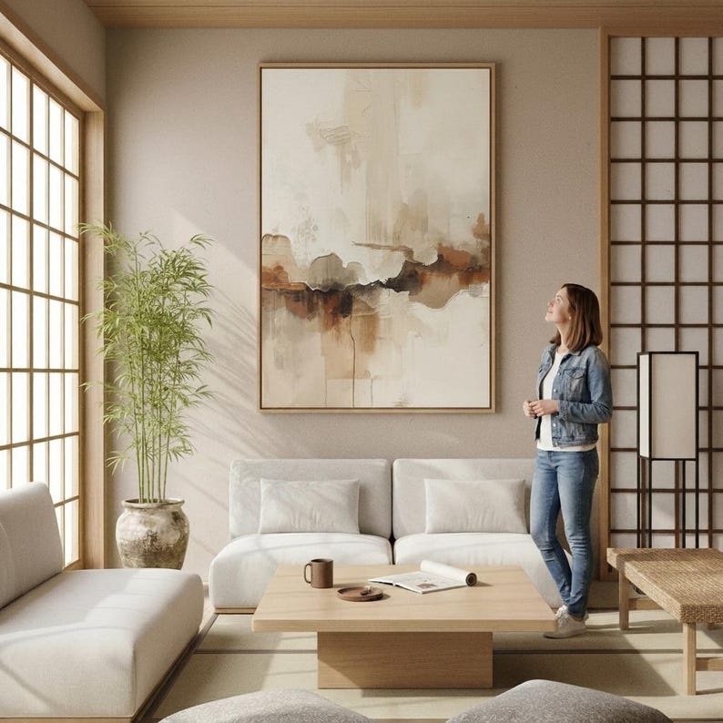 May include: A large rectangular wall art piece featuring an abstract landscape painting with layered tones of cream, beige, tan, and dark brown. The artwork is displayed in a thin wooden frame and hangs on a neutral wall above a low white sofa.