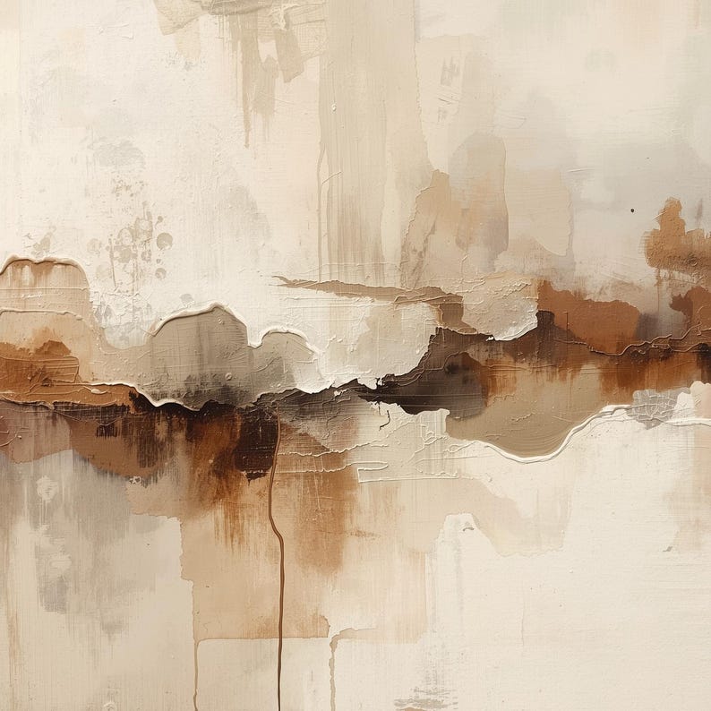 May include: An abstract painting featuring layered textures and a neutral color palette of cream, beige, taupe, and deep brown. The composition displays thick, raised paint strokes, blended washes, and vertical drips across the canvas surface.