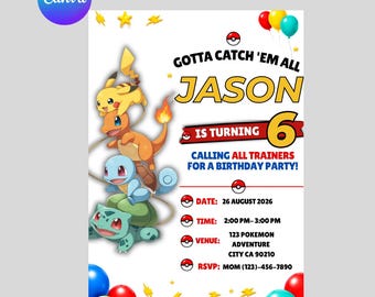 Pokmon Birthday Invitation, Cute Creature Party Invite Kids Birthday Card, Canva Template Boy Girl