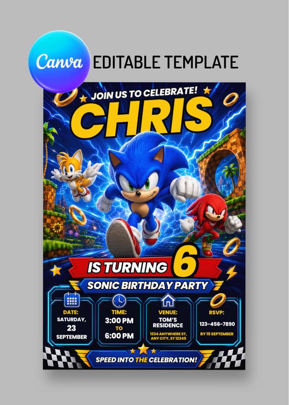 Sonic Birthday Invitation | Blue Hedgehog Birthday Invitation Editable Template | Speed Bday Invite | Boys Bday Digital Download