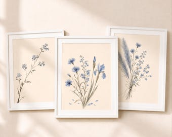 Blue Botanical Wall Art Set of 3 | Japandi Wildflower Print | Botanical Wall Art For Bedroom | Digital Download Art