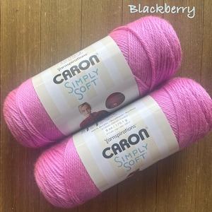 May include: Two skeins of Caron Simply Soft yarn in the color "Blackberry." Each skein is 6 oz (170.1 g) and contains 315 yards (288 m) of soft, pink yarn. The labels feature the Yarnspirations logo and product details.