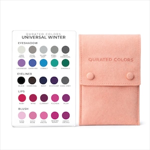 May include: A makeup colour palette guide and a pink pouch. The guide displays eyeshadow, eyeliner, lips, and blush colours, including shades like Iced Pearl, Ruby, and Cool Pink. The pouch, with the text "QURATED COLORS," has a snap closure.