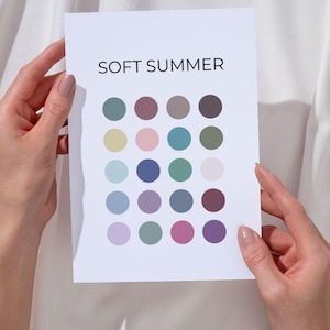 Könnte beinhalten: Eine weiße Karte mit dem Text "SOFT SUMMER" über einem Raster von einundzwanzig farbigen Kreisen. Die Kreise sind in den Farbtönen Grün, Rosa, Lila, Blau und Braun gehalten. Die Karte wird von zwei Händen gehalten.