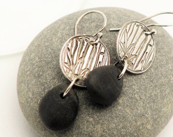Beach Pebble One of a Kind Dangle Earrings  Raw Sterling Silver Lake Superior Stone Rustic Bamboo Motif Organic Elegant Unique Earrings