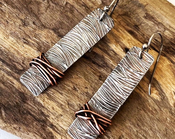 Mixed Metal Raw Sterling Silver Earrings, Copper Wire Wrapped Handmade Bar Earrings, Rustic Oxidized Rectangle Hippie Boho, Gifts for Her