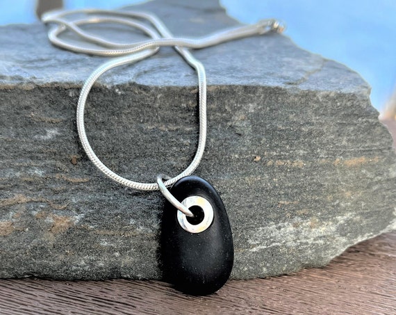 Beach Stone Jewelry Black Stone Necklace Sterling Silver Riveted Lake Superior Stone Vacation Travel Hiking Outdoors Organic Earthy Jewelry