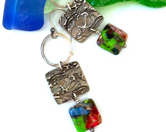 Boho Earrings Sterling Silver Long Hoop Earrings Jasper Multicolored Bead Earrings Rustic Jewelry Modern Hippie Rustic Earthy Zen Earrings